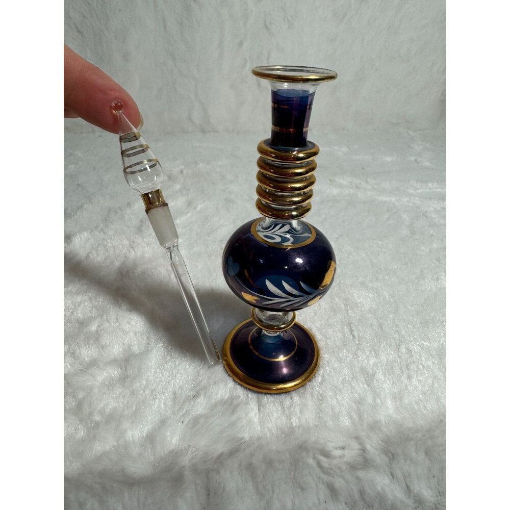 Handcrafted Egyptian Glass Perfume Bottle With Gold Accents Dark Blue & Gold - Picture 4 of 8